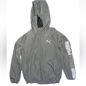 Puma Kids' Gray Hooded Windbreaker with White Logo Sleeve Script